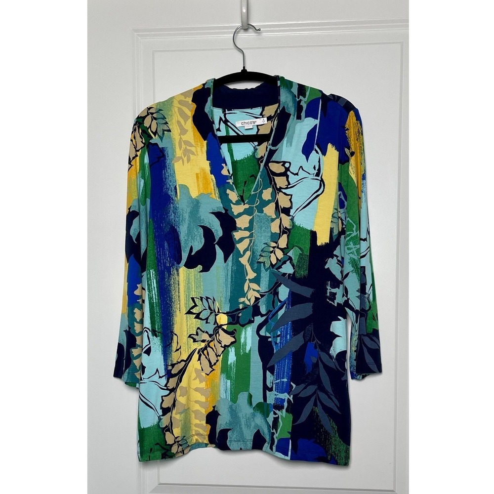 Chicos V-Neck Tunic Women Sz 2 / US L Blue Yellow Abstract Floral 3/4 Sleeve Top - Picture 5 of 9